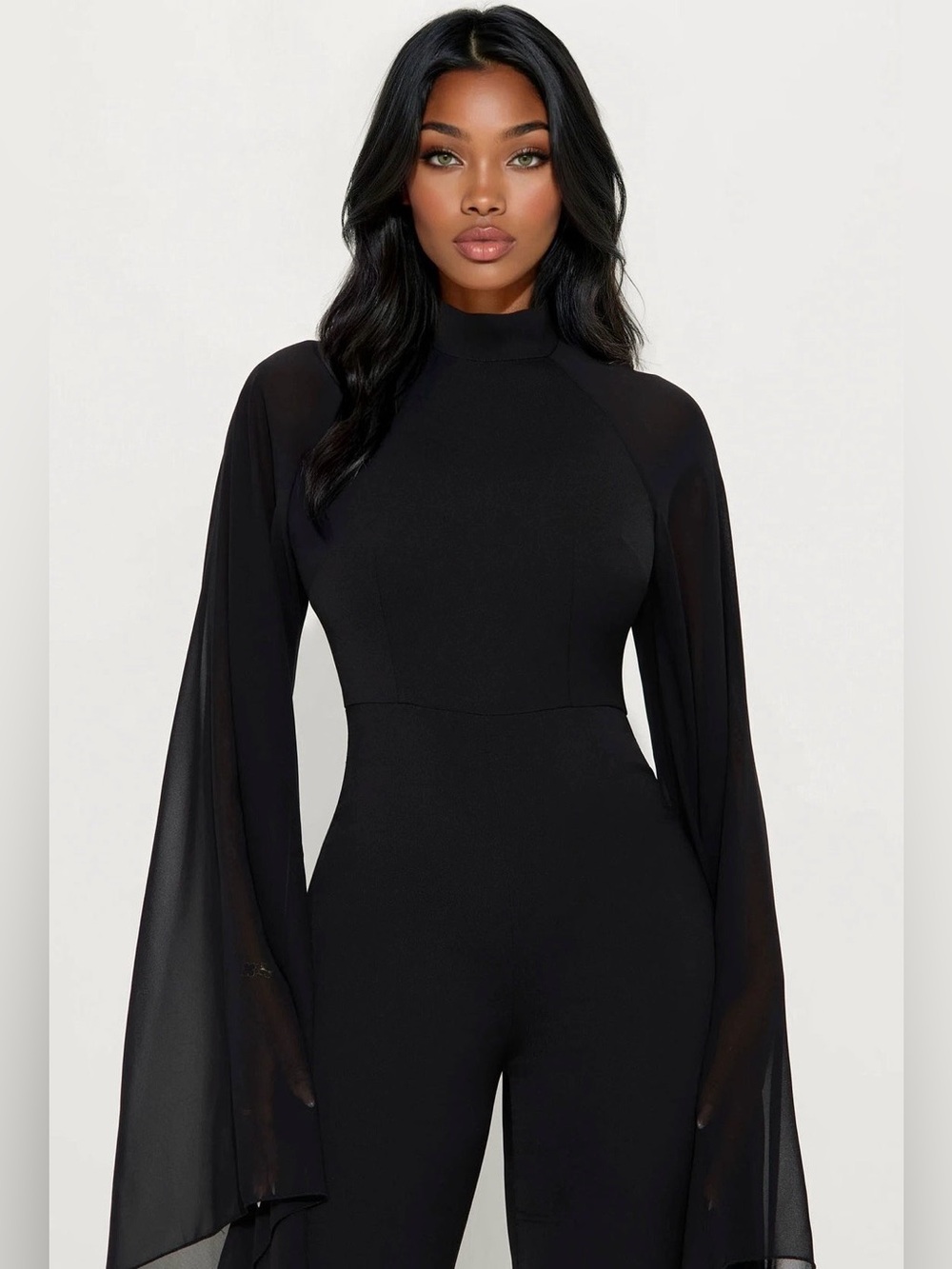 Black Long-Sleeve Chiffon Draped Jumpsuit - Picture 2 of 3